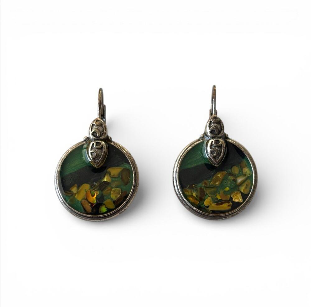 Vintage Handmade Green Mosaic Round Dangle Earrings - Tarnished Silver